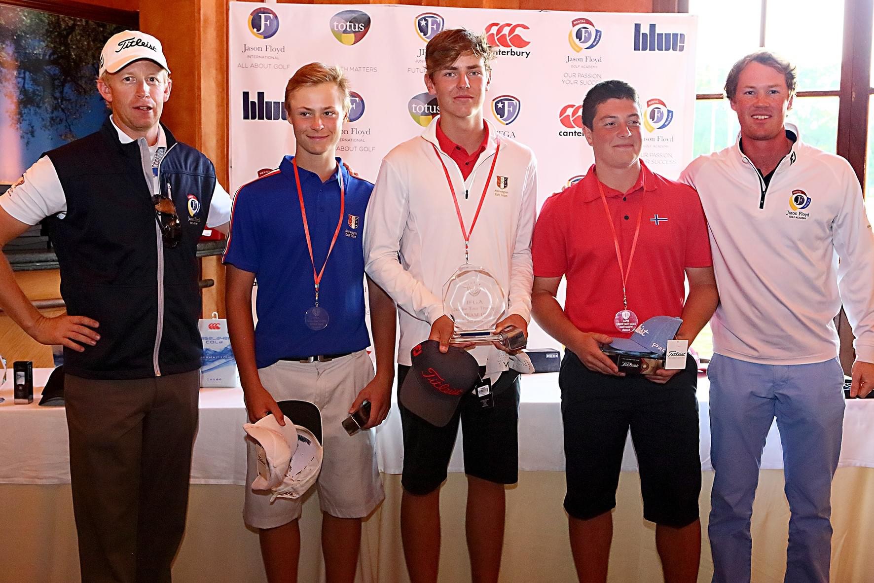 Viktor Hovland (second right) pictured with the 2nd and 3rd place winners in the 2014 Triple A World Junior Golf Series. Also pictured is Jason Floyd (left), founder of the WAGR Triple A World Junior Golf Series.